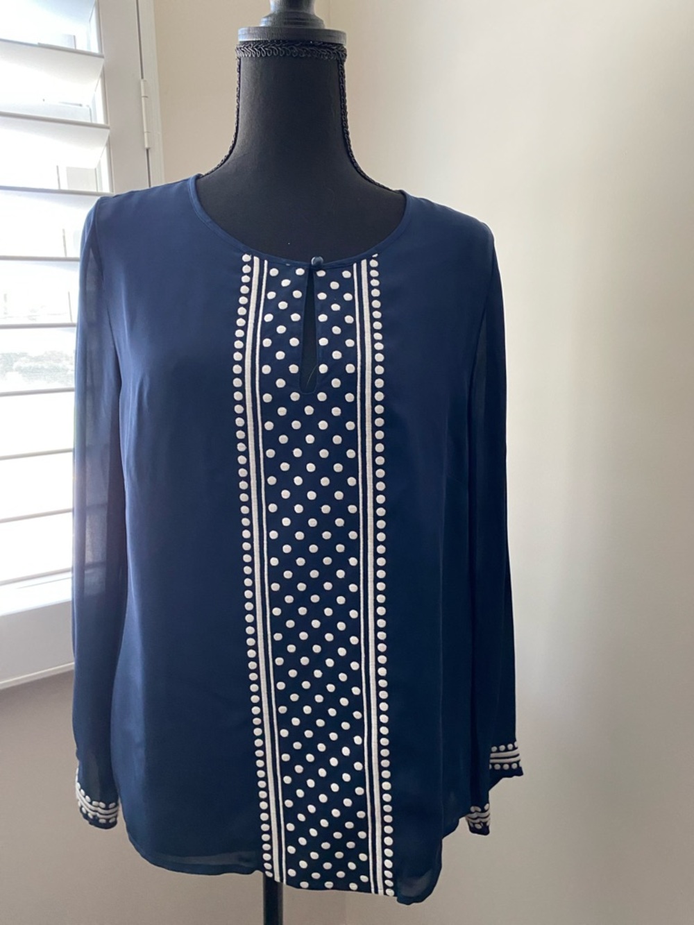 Vineyard Vines Navy Blouse with White Polka-Dot Front